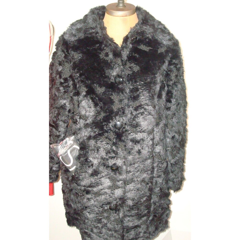 New NWOT XS Black Dennis Basso Madison Avenue Jacquard Coat Faux Fur Pattern Wom